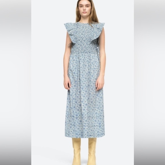 SEA NEW YORK blue floral long dress statement shoulder size small - Picture 4 of 15
